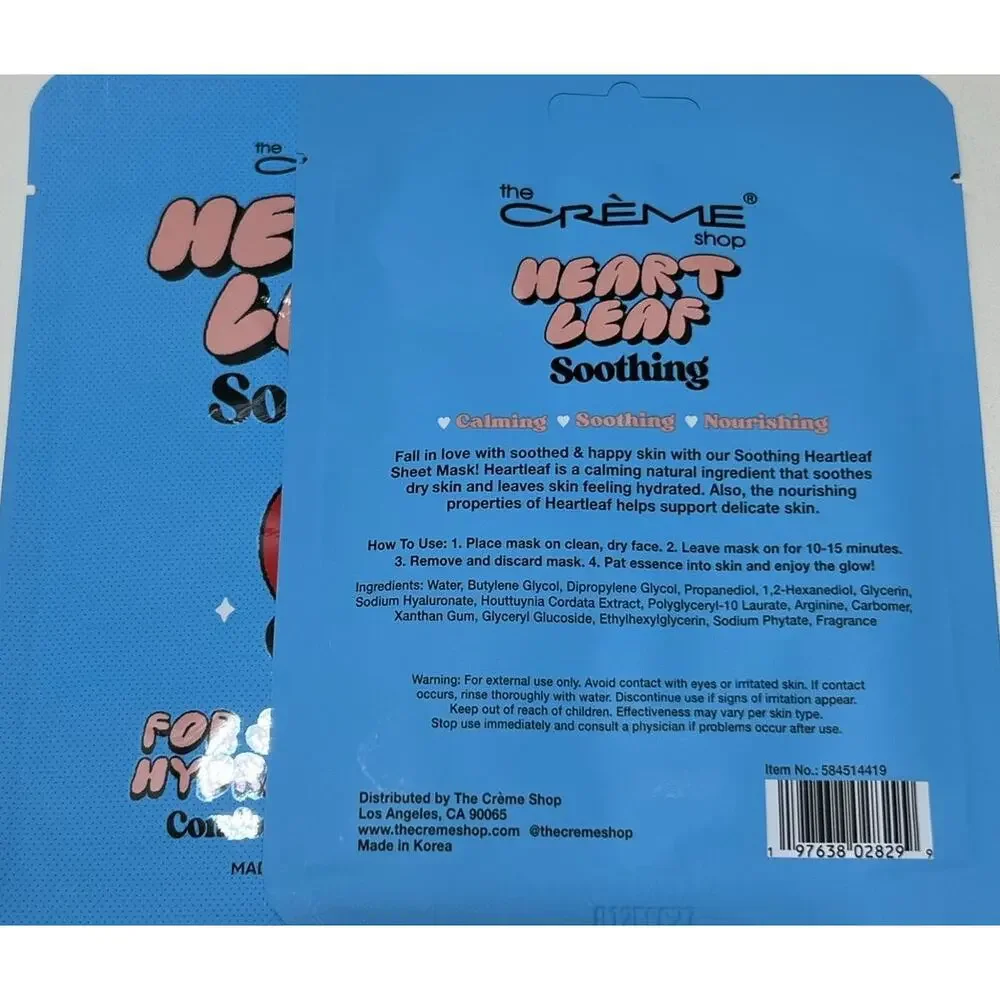 The Crème Shop Heartleaf Face Masks Set of 2 Soothing K-Beauty Skincare